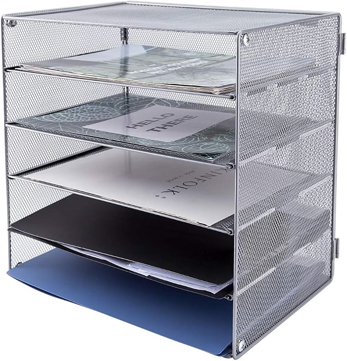 EASEPRES 5 Slot Mesh Desk Organizer Tray, File Paper Letter Folder Holder Desktop Paper Sorter Mail Organization Rack Storage Accessories, for Office Home School Classroom, Silver