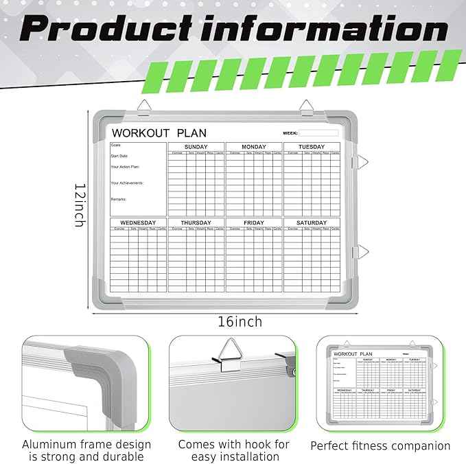 Lincia 16 x 12 Inch Fitness Tracker Whiteboard Workout Calendar for Home Gym Dry Erase Planner Hanging Removable to Do List for Wall Whiteboard with Aluminum Frame for Gym Program(Style D)