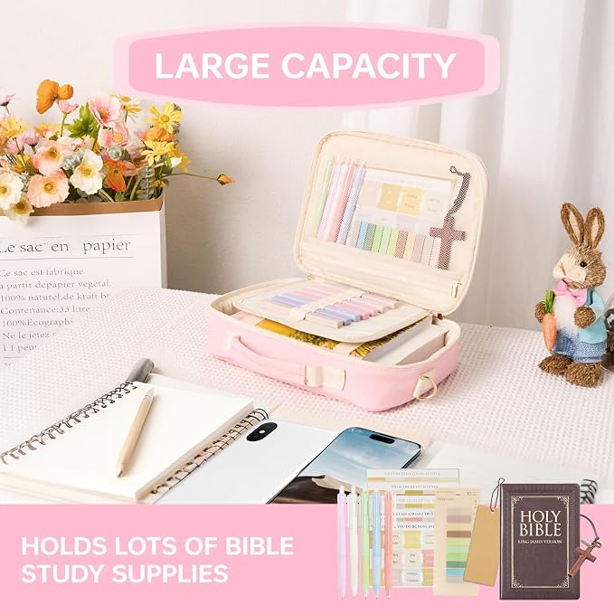 Bible Cover Case for Women Bible Study Supplies Large Preppy Chenille Pink Leather Bible Carrying Tote Bag Letter Bible Case Christmas Christian Gifts for Women Girls (Pink, Large)