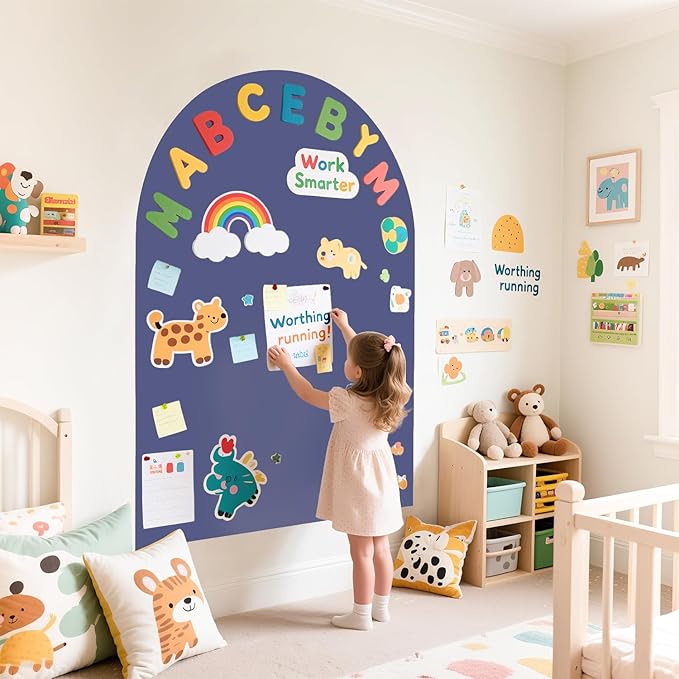 Magnetic Wall Decal for Kids 40x32 Inch Self Adhesive Magnetic Board Play Wall Dusty Blue Magnet Chalkboard for Wall with Letters and 12 Color Liquid Chalk for Playroom Home Office School
