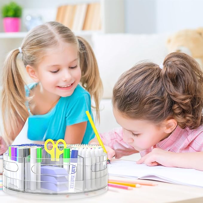 Acrylic Marker Organizer, 360 Degree Rotating Pencil Organizer with 7 Removable Compartments, Clear Crayon Organizers for Kids, Large Pencil Holder Desk for Office Home School