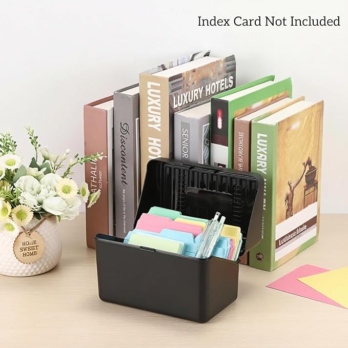 BTSKY 1 Pack 4 x 6 inch Index Card Box-Index Card Holder Notecard Box Recipe Card Box Plastic Storage Organizer for Filling Index Cards,Note cards, Flashcards, Recipes and etc,Black