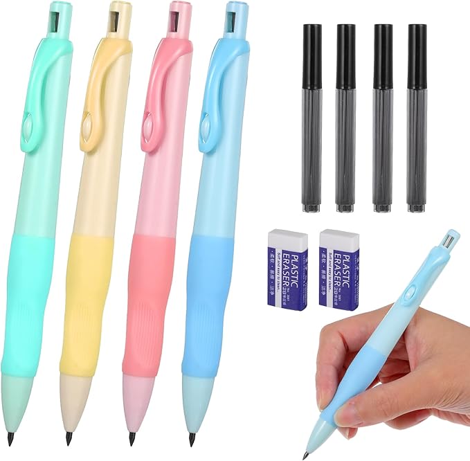 Mechanical Pencils Thick Pencils with Comfort Ergonomic Grip, Aesthetic Supplies Set with 2 Erasers, 4 Leads Refills, 4 Pcs 2.0MM Pencil for Writing Drawing