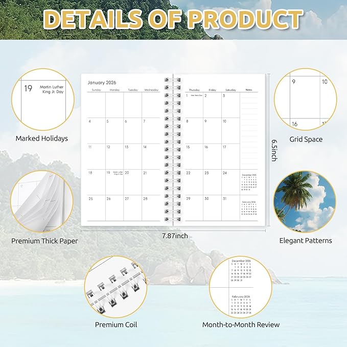 Pocket Calendar 2025-2027, Beach Small Calendar 2026-3.7" x 6.7" for Purse, Runs from July 2025 Until December 2027, Monthly Planner 2026 with Coil Organizing & Planning