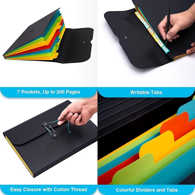 Expanding File Folder Accordion Plastic Free 7 Pocket Rainbow Divider Expandable Folders Organizer Black