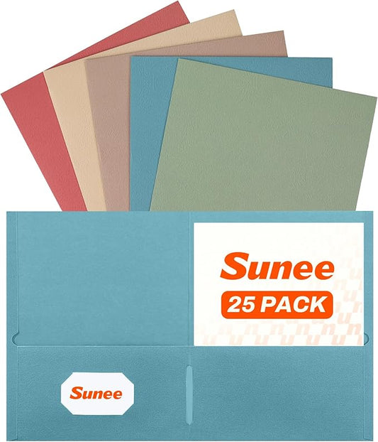 SUNEE Folders with Pockets(25 Pack, Retro Colors), 2 Pocket Folders Fit Letter Size Paper, Paper File Folder for School Office Home Bussiness