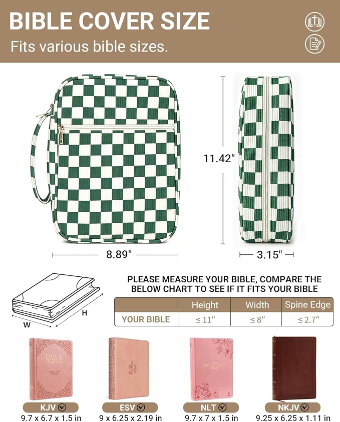 Bible Cover case for Women,Large Bible Bag,Bible Study Supplies,Checkered Corduroy Bible Case for Girls,Christian Gifts for Women,Mother's Day(Green Large)