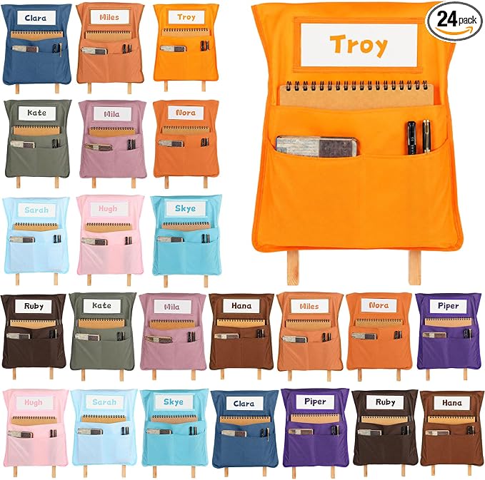 24pcs for Classroom 16.3x19.7inch Classroom Chair Pockets with Name Tag 3 Pockets Chair Organizer for Teacher Student School Office(Groovy)