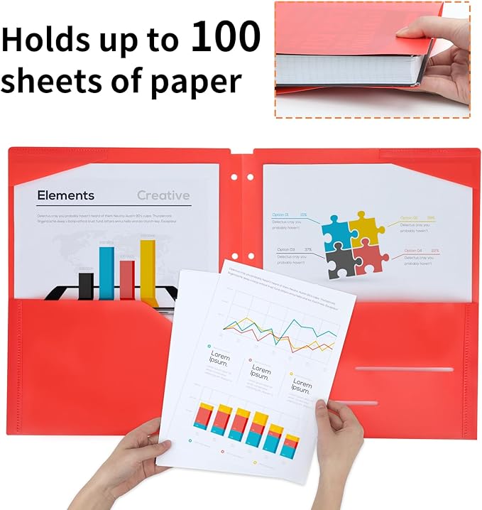 EOOUT Binder Folders 10pcs Colored File Folders, Plastic Folders with Pocket and 2 Business Card Slot, 3 Hole Punch Poly Folders Fits in 3 Ring Binder for School Office