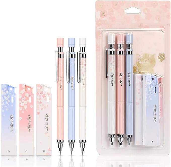 Cute Coquette Cherry Blossom Mechanical Pencils Set Include 3 Kawaii Mechanical Pencils,3 Tubes Mechanical Pencil Lead Refills,0.5mm Aesthetic Mechanical Pencil for School Office Writing Draft Drawing