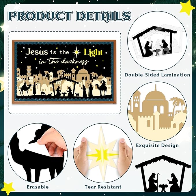 Christmas Religious Bulletin Board Jesus Lights Cutout Nativity Classroom Decoration Christian Bulletin Board for School Classroom Home Chalkboard Wall Door Décor Christmas Holiday Party Supplies