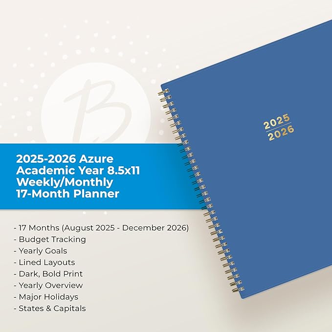 Blue Sky 17 Month Weekly and Monthly Academic Year Planner Calendar, August - December, Flexible Cover, Wirebound, Laminated Tabs, Azure (Azure- 2025/2026, 8.5" x 11")