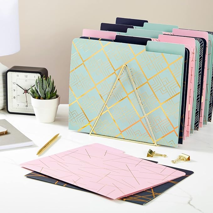 Paper Junkie Decorative File Folders - 11.5 x 9.5 in, Pink Pack of 12 - Cute Geometric Accents & Gold Foil 1/3 Tab - Pretty Colored folders for Office Supplies & School