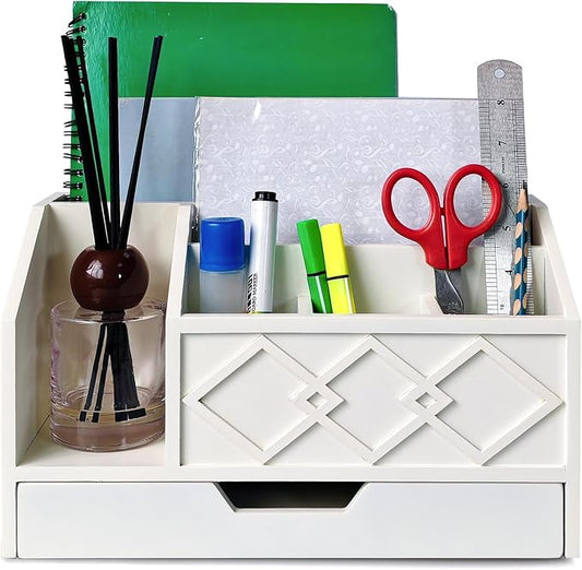 White Wooden Mail Organizer with Drawer, Three Tiered Desk Accessories for Office Organization and Storage, Stylish Countertop Document Storage, Home/Office/Classroom Supplies (White02)