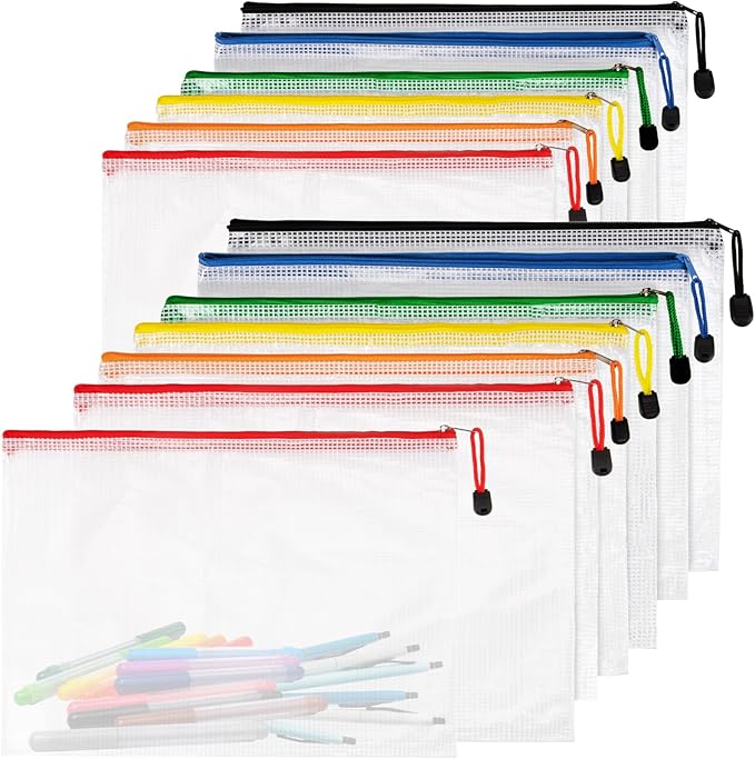 RAINFLOW a4 Mesh Zipper Pouch Bags - 12 PCS Reusable Mesh Bags with Zipper Waterproof Storage Bag Organizer for Document Toy Storage Classroom Organization and Storages Office Supplies in Multicolor