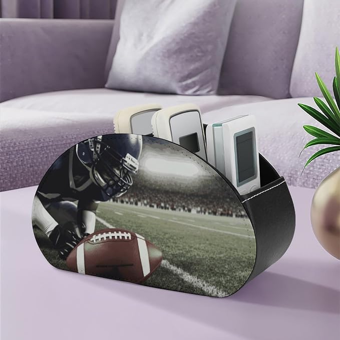 American Football Remote Control Holder with 5 Compartments Leather TV Remote Caddy Remote Storage Box Desktop Organizer for Pen/TV Remotes/Media Controllers/Office Supplies