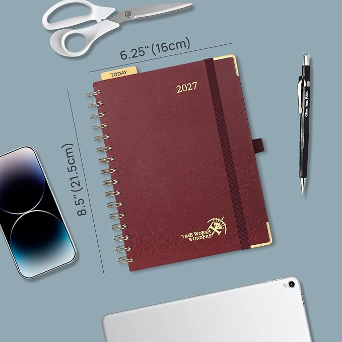 POPRUN 2027 Planner Daily Weekly and Monthly Calendar with Hourly Schedule(Medium Size 8.5'' x 6.25'' Wire-Bound Hard Cover) - Agenda 2026 (Jan.2027-Dec.2027), Monthly Tabs - Burgundy