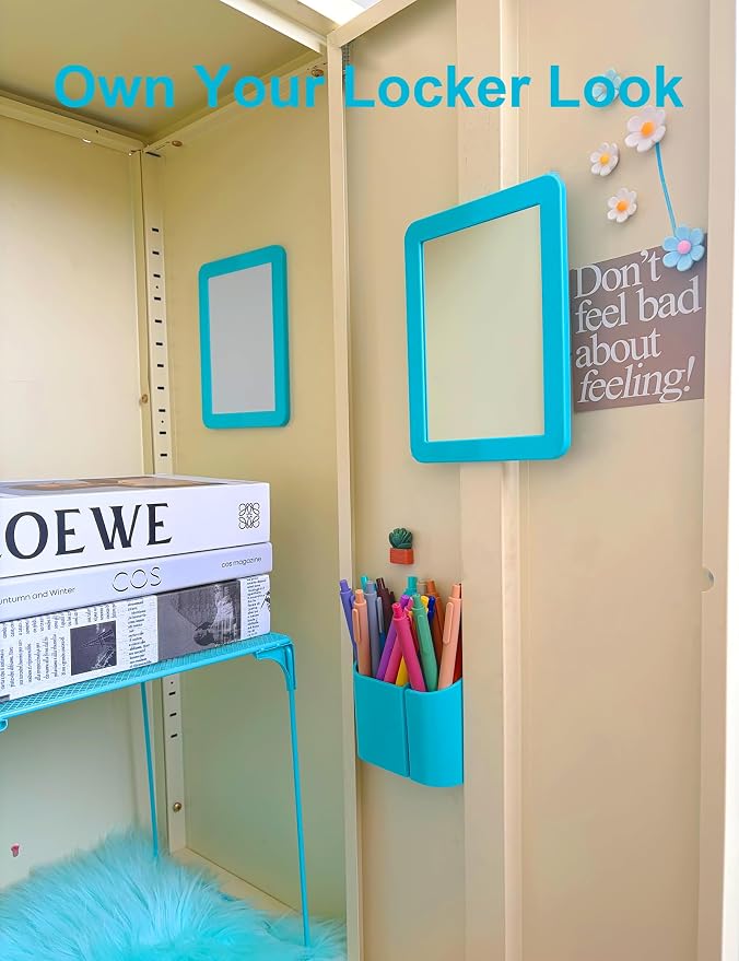 Locker Accessories Kit for Girls, 14PCS Back to School Supplies Includes Magnetic Whiteboard, Mirror, Pen Holder, Markers, Magnets, Locker Organizer & Decorations for School Locker Home Office-Blue