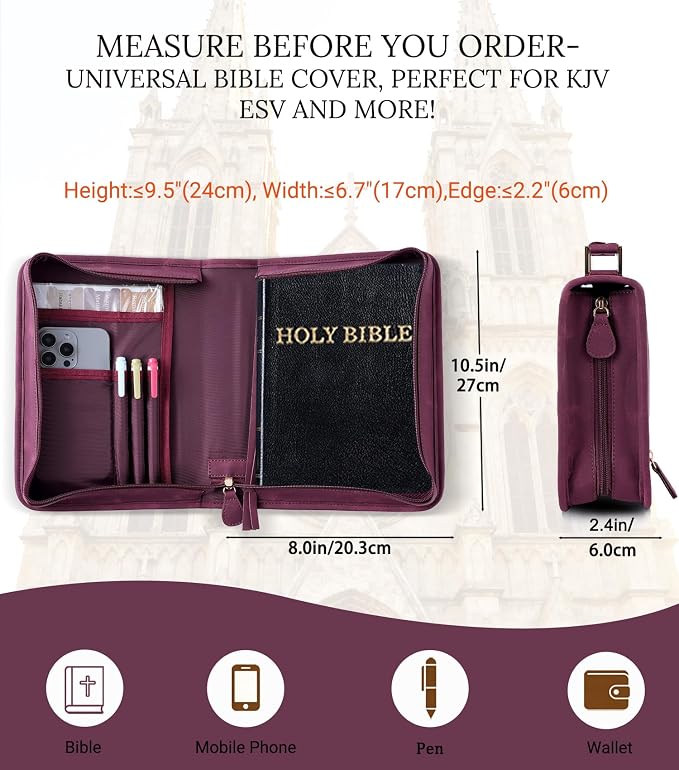 Vegan Leather Bible Cover for Men & Women, Bible Case with Gift Box, Christian Catholic Religious Bible Gifts (Red)