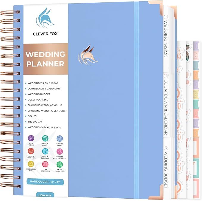 Clever Fox Wedding Planner – Notebook Organizer for Bride – Wedding Planning Binder Book with Pockets – Engagements Gift, 10x11″ (Light Blue)
