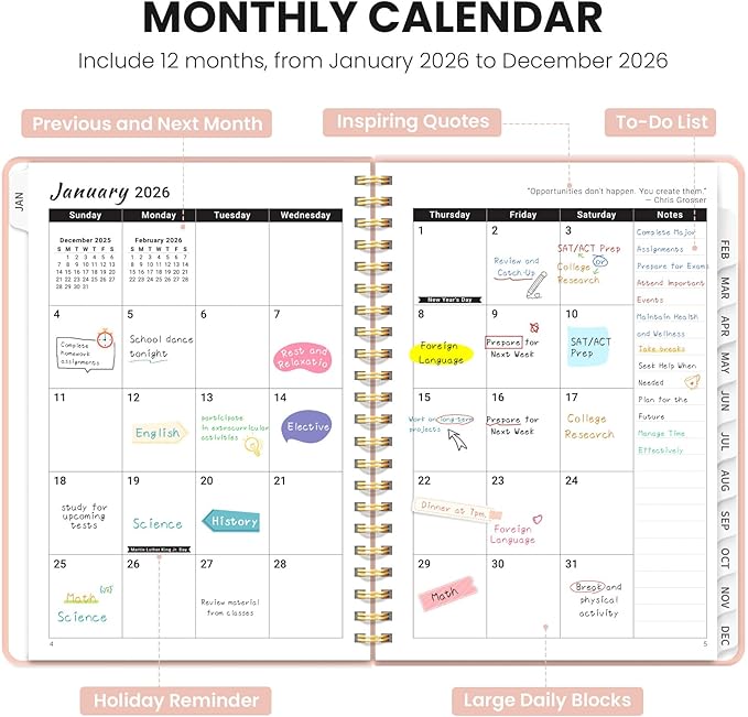 2026 Planner, Weekly and Monthly Planner for Women, January 2026 - December 2026, Hardcover 2026 Calendar Planner Book with Tabs, Inner Pocket, Spiral Bound, Perfect for Office Home School Supplies - A4 (8.5" x 11"), Pink