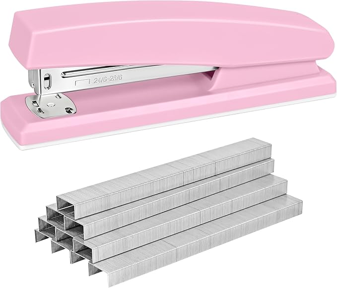 Stapler with 5000 Staples - Office Stapler, 25 Sheet Capacity, Staplers for Desk, Non-Slip, Pink