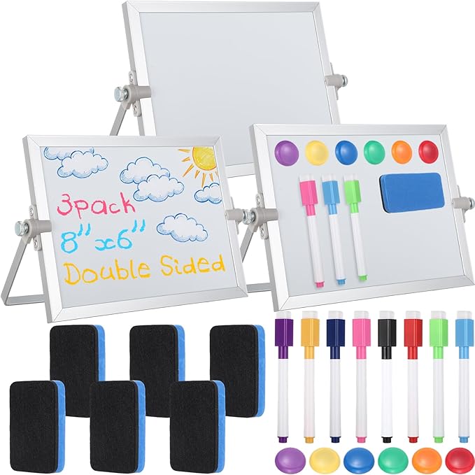 3 Pcs Small Dry Erase White Board with Stand 6 x 8'' Double Sided Magnetic Tabletop Whiteboard Mini Dry Erase Easel Board with 8 Markers 6 Magnets 6 Eraser for Drawing Office School Home