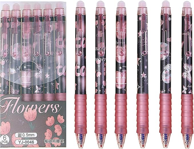 MOZXIRZ 6 Pcs Erasable Gel Ink Pens Retractable Pens 0.5mm Blue Ink Pen Office School Pens Cute Aesthetic Pen Women Girls (Blue Ink-Flowers)