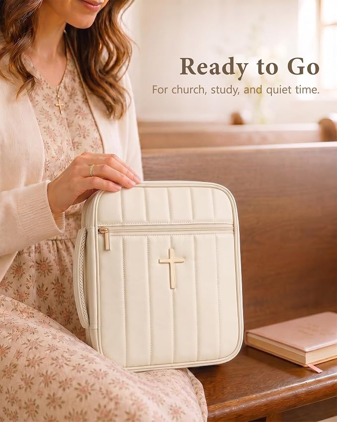 Wuflyover Bible Bag for Women, Quilted Bible Cover Case with Handle, Bible Carrying Case for Church and Bible Study, (Beige)