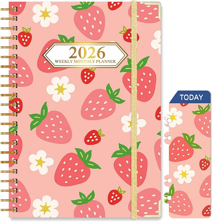 2026 Planner, Jan.2026 - Dec.2026 Planner Weekly and Monthly 6.25"x8.5" with with Page Tabs, Calendar Hardcover with Inner Pocket, Elastic Band, Twin-Wire Binding, Bookmark, Strawberry Flower
