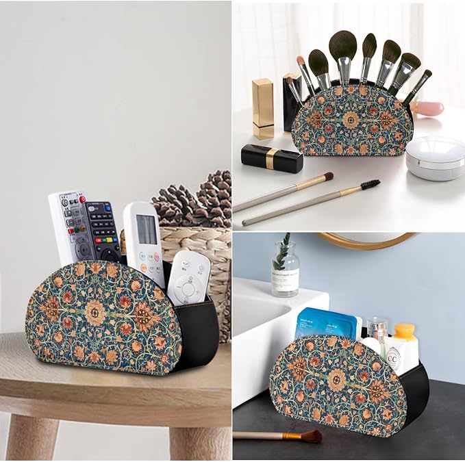 William Morris Fruit Print TV Remote Control Organizer PU Leather Desktop Storage Box,Table Caddy,Desktop Storage for Media Players/Controllers/Eyeglasses/Makeup Brushes/Pens