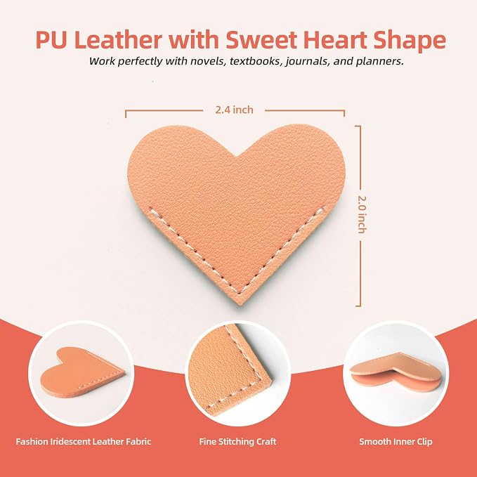 Leather Heart Bookmarks, Cute Handmade Page Corner Book Markers, Reading Gifts for Women, Lovers, Kids, Teachers, Friends, Readers, Book Accessories for School Office Home Supplies (8PC-Bright)