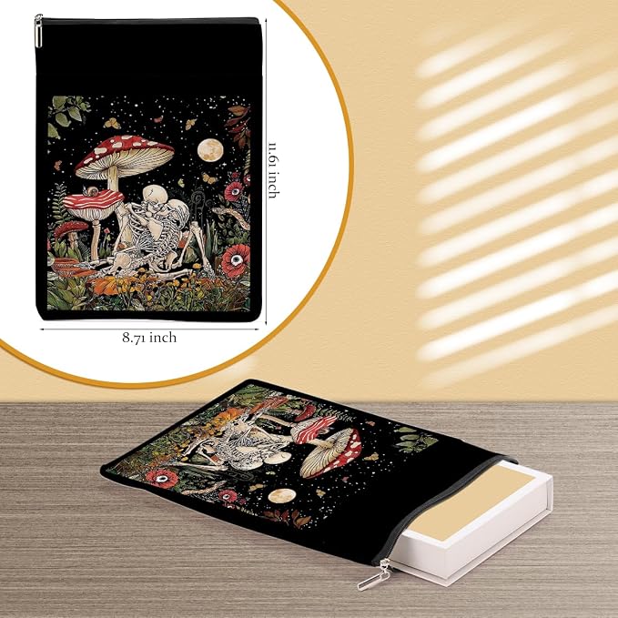 Floral Romantic Skull Book Sleeve Books Lovers Gifts Aesthetic Book Cover Protector with Zipper and Front Pocket Books Pouch Accessories Bookish Gifts Mushroom Gift for Women Readers Wife