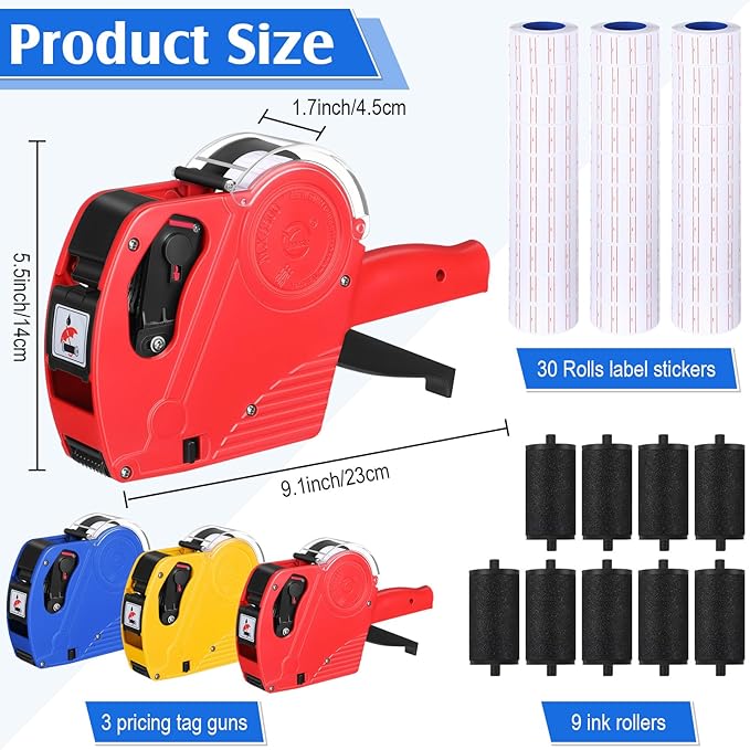 Dunzoom 3 Pack 8 Digits Price Tag Gun Label Pricing Gun Kit with 12000 Labels & 9 Ink Rollers for Retailer Supermarket Grocery Store Food(Red, Blue, Yellow)