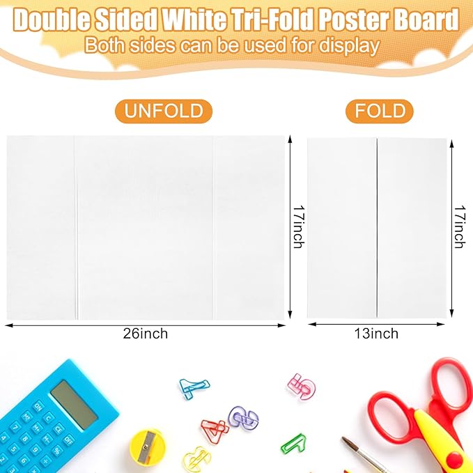 3 Pack Small Trifold Poster Board 26" x 17" White Corrugated Project Boards for Science Fairs, School Projects and Event Displays