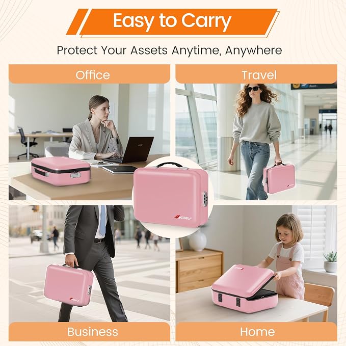 Fireproof Document Box with Lock, 5200°F Fireproof Water Resistant Hard Case File Organizer Safe Box for Important Documents, Certificates, Laptop, Passports (Pink)