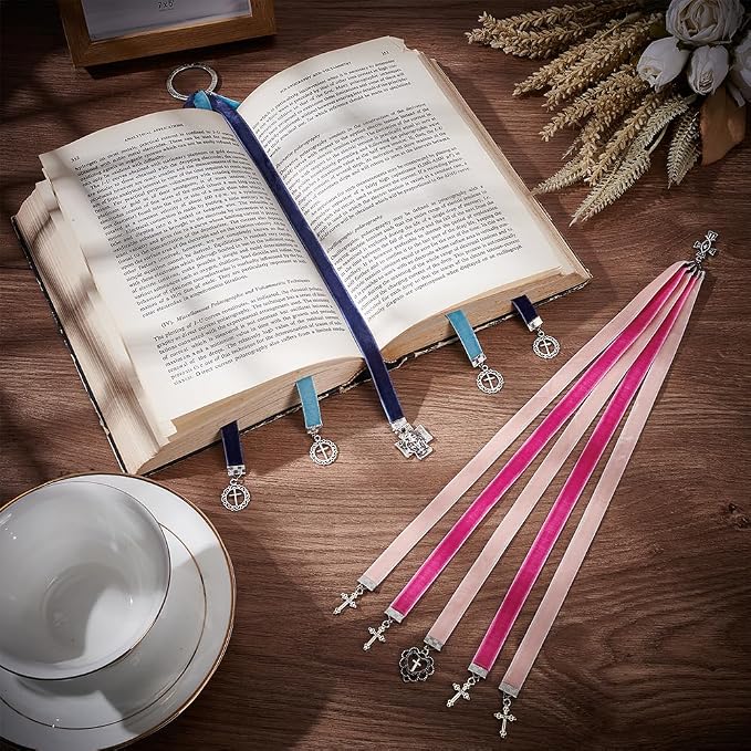 FINGERINSPIRE 2 Pcs Bible Ribbon Bookmark 2 Styles 14.2 Inch Velvet Ribbons Bookmark with 5 Ribbons Multi Page Ribbon Marker with Cross Charm for Bible Books(Cross Heart Blue & Pink)