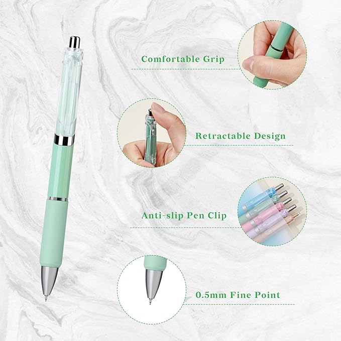 Temiary 5 Pcs Retractable Gel Pens, 0.5 mm Black Ink Fine Point Quick Dry Gel Ink Pen, Aesthetic Smooth Writing for School Office Journaling Note Taking and Sketching (Green)