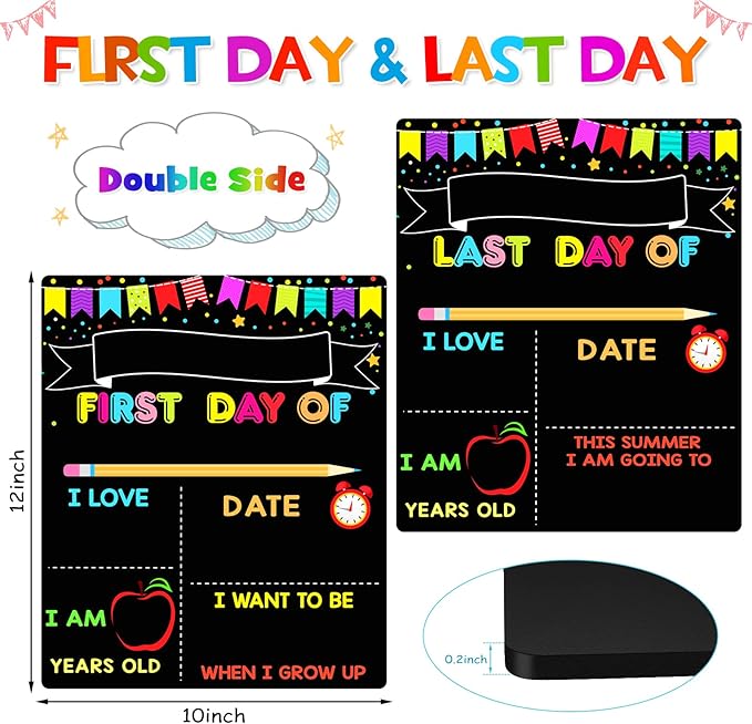 First Day of School Signs, 10 x 12 Inch Double Sided Back to School Board for Kids/Girls/Boys, Reusable Wooden 1st & Last Day of Preschool/Kindergarten Chalkboard