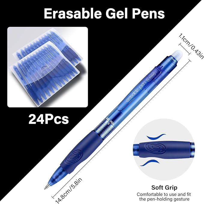EUSOAR Blue Erasable Pens, 24 Pack Retractable Pens with Erasers (0.5mm) Smooth Writing, Make Mistakes Disappear Eraser Pen Fine Point for Office Note Taking Planner Crossword Puzzles