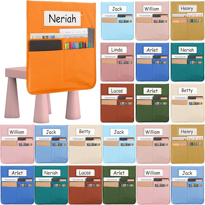 gisgfim 24 Pcs Chair Pockets for Classroom 16.7 x 19.3 Inch s with Name Tag Chairback 3 Pockets Chairs Seat Back Organizer for Elementary School Daycare Home Supply (Light Boho)