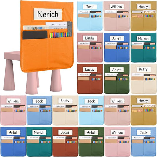 gisgfim 24 Pcs Chair Pockets for Classroom 16.7 x 19.3 Inch s with Name Tag Chairback 3 Pockets Chairs Seat Back Organizer for Elementary School Daycare Home Supply (Light Boho)