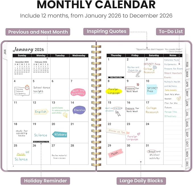 2026 Planner - Weekly and Monthly Planner, January 2026 to December 2026, Spiral Bound 2026 Calendar Planner Book, Inner Pocket, Perfect for Office Home School Supplies - A4 (8.5" x 11"), Purple