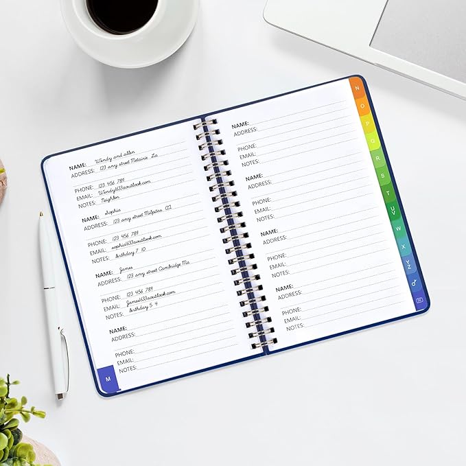 Address Book with Alphabetical Tabs-Address and Password Book for Seniors - Hardcover Spiral Bound Phone Book- Record Contacts, Website Login Passwords, Special Days -5.7" x 7.7", Navy Blue