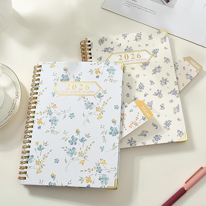 2026 Monthly Planner, Jan.2026 - Dec.2026 Weekly Monthly Planner 6.25"x8.5" with Page Tabs, Calendar Hardcover with Inner Pocket, Elastic Band, Twin-Wire Binding, Bookmark, Blue-Yellow Flower
