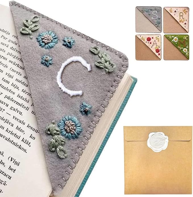 Personalized Hand Embroidered Corner Bookmark, 26 Letters Hand Stitched Felt Corner Letter Bookmark, Cute Flower Embroidery Bookmarks for Book Reading Lovers Meaningful Gift (Winter, C)