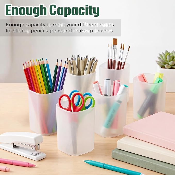 64 Pack Pen Holder White Pen Cups for Desk Organizers and Storage Stationery Plastic Matte Pencil Holder Cups Transparent Style for Office School Supplies