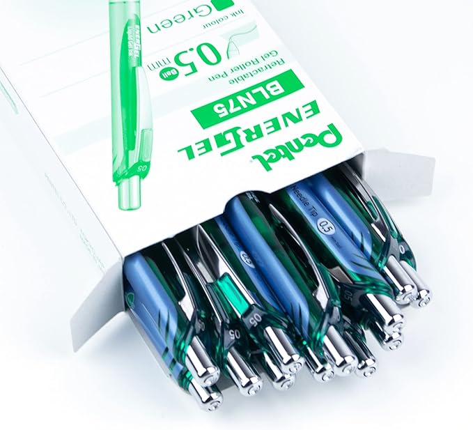Pentel EnerGel Deluxe RTX Retractable Liquid Gel Pen, Fine Line, Needle Tip, Green Ink, Box of 12 (BLN75-D)