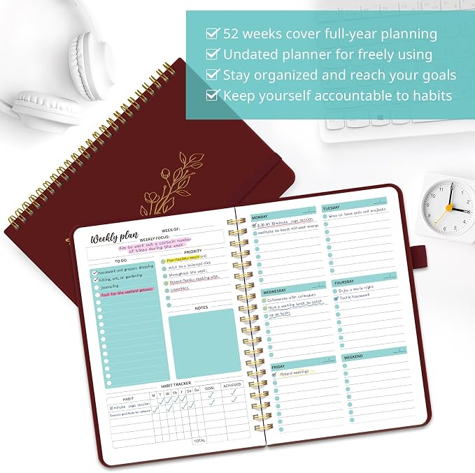 Taja Undated Weekly Planner, Weekly To Do List Notebook with Goal & Habit Tracker Organizer, A5 Weekly Planner Notebook with Spiral Binding, 6.1" x 8.2" - Burgundy