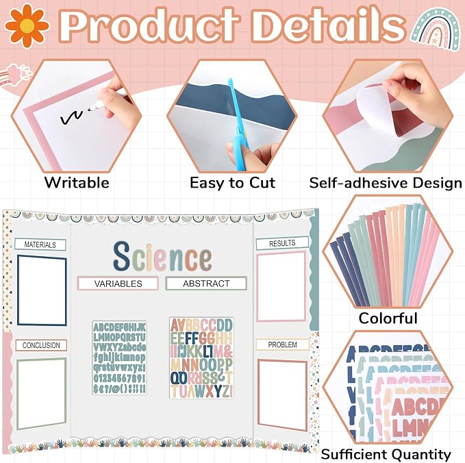 129Pcs Boho Science Fair Board Supplies Includes Self Adhesive Science Fair Project Titles Subtitles Presentation Bulletin Border Letter Stickers Trim Scalloped Bulletin Borders for Classroom Office